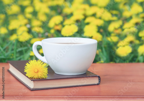 Spring coffee break with book and dandelion on wooden table
