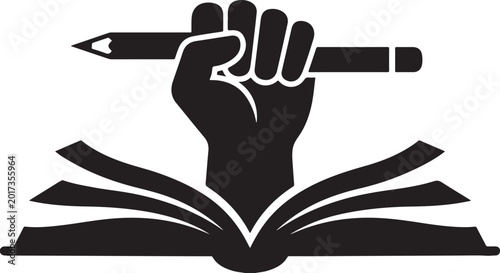 Fist holding pencil over open book silhouette