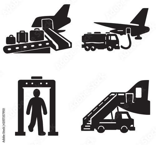 Photography Black silhouettes of airport operations icons including baggage handling refueli