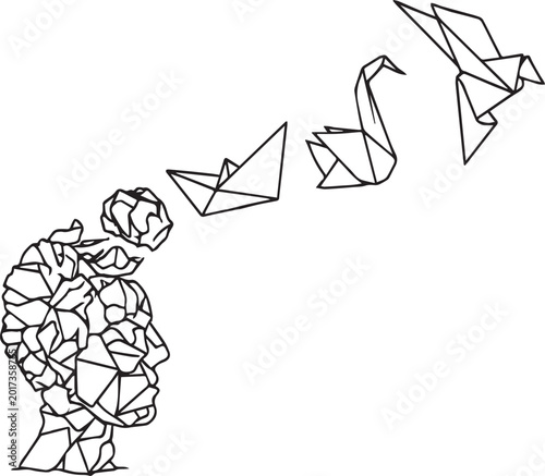 Origami birds and a boat emerging from a human head profile set against a solid white background for creative design projects.