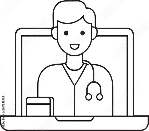 A male doctor shown on a laptop screen for telemedicine services isolated on a solid white background for digital medical care.