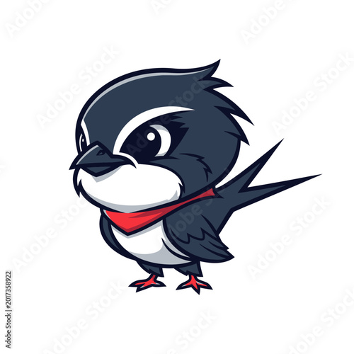 Vector illustration of a cute swallow mascot character wearing a red bandana, featuring dark navy feathers, a white underbelly, and a bifurcated tail, isolated on a white background.