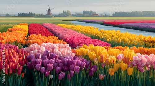 Vibrant tulip fields in full bloom with a windmill in the distance, creating a stunning visual of spring beauty. The colorful flowers stretch across the landscape, painted with every hue imaginable