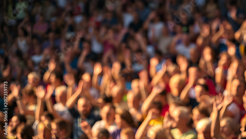 Cheering People Crowd Abstract Blur. Vibrant Colorful Audience Energy, Dynamic Celebration Event Motion Background Concept.