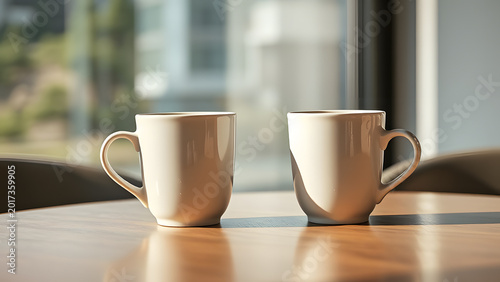 Two Unbranded Coffee Mugs on Sleek Minimalist Table. Modern, Clean, Simple, Empty, Minimal Interior Design.