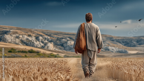 Parable of the Sower, the sower going out to sow seeds, biblical scene of teaching, growth, and faith, serene and instructive atmosphere