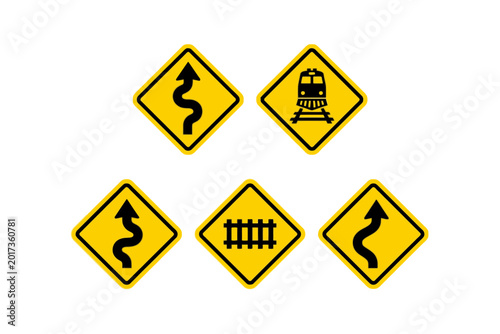 Free Download Yellow Warning Road Signs Set with Winding Road and Repslway Crossing - GFXLoad
