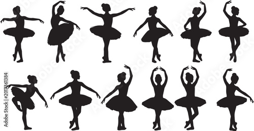 Black silhouettes of ballerinas in various dance poses ballet dancers pirouette