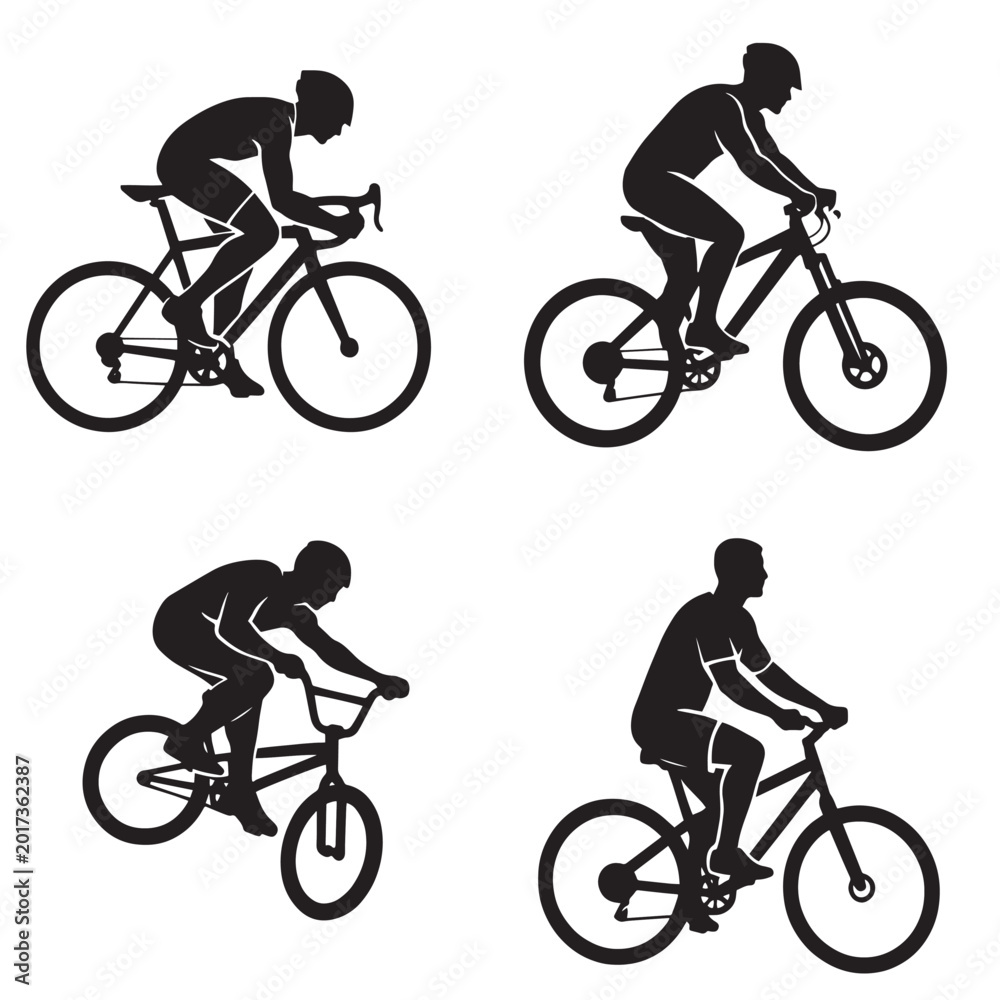 Fototapeta premium Silhouette people cycling racing mountain BMX and casual riding in simple black icons