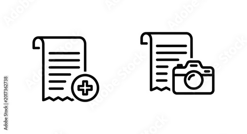 Receipt upload and receipt photo icons with plus sign and camera document illustration transaction shopping purchase accounting management technology confirmation information statement