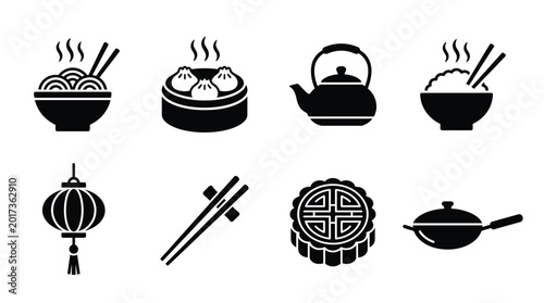 Quadro su tela Collection of black silhouette icons depicting traditional Chinese cuisine, tea, cultural symbols, and cooking utensils
