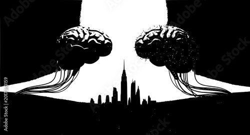 Photos Artificial intelligence and human minds face off above city skyline