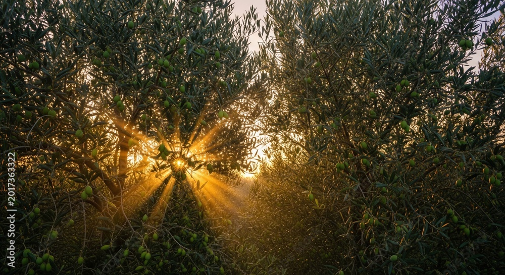 Obraz premium Bright sunbeams shining through green tree branches in forest.