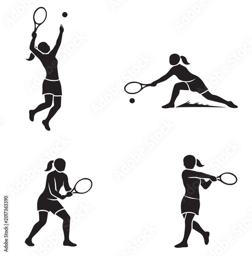 Konstfotografi Silhouette people playing tennis serving lunging forehand and backhand in simple