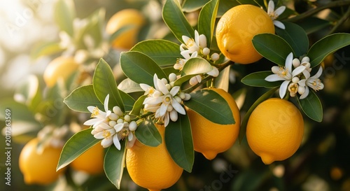 Lemon tree branch with yellow fruits and blooming flowers