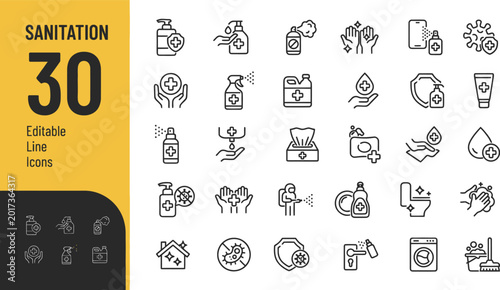 Fotografía Set of 30 sanitation and hygiene editable line icons Vector