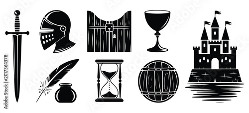 Foto Medieval historical icon set featuring a knight helmet sword castle fortress hourglass quill inkwell and wooden barrel in black silhouette