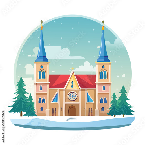 Cartoon church illustration with colorful towers and evergreen trees