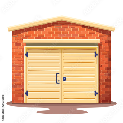 Cartoon garage illustration featuring red brick walls and a closed door