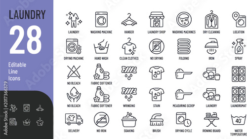 Photos Set of 28 laundry and washing machine line icons Vector