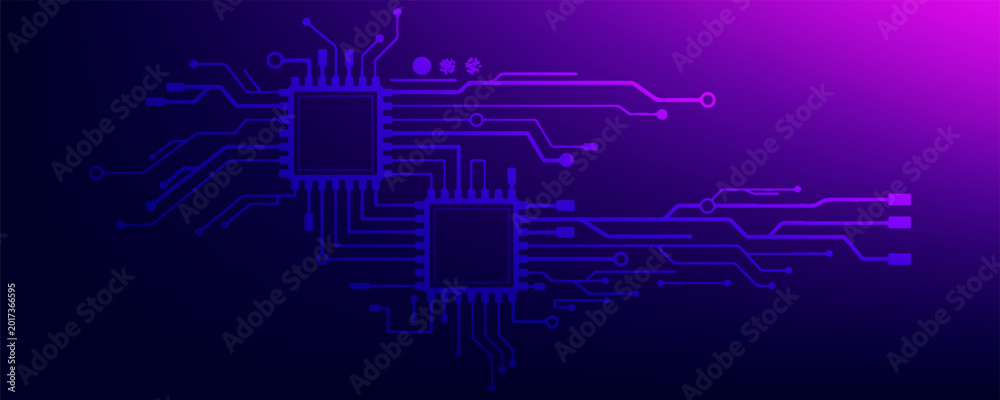 Obraz premium Abstract Futuristic Circuit Board Background with CPU Microchips and Purple Blue Gradient Light
