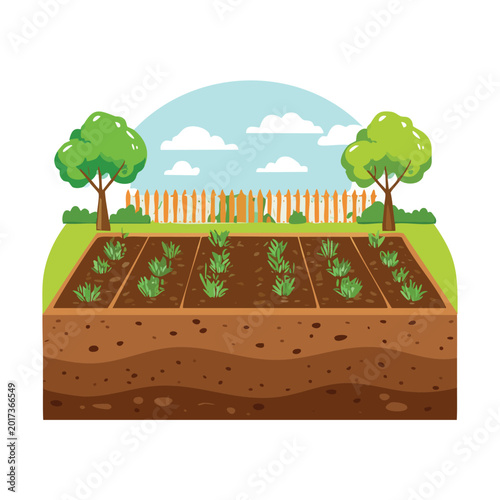 Cartoon garden scene with growing plants trees and fence illustration