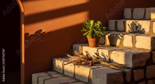 A potted plant sits on stone steps with dried flowers and shadows on a warm orange wall