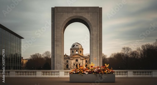 Large stone archway with flowers in front and building in background under cloudy sky
