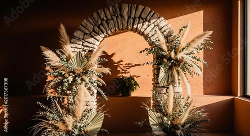 Stone archway with floral arrangement and greenery in warm lighting