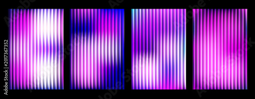 Riddle glass background, ripple wave distortion, Neon vertical lines, Modern abstract cover design set with vibrant purple and blue neon light lines