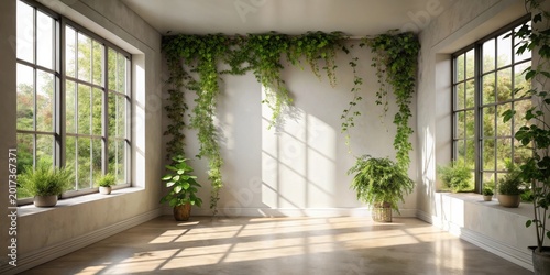Serene Indoor Oasis Sunlight Illuminates a Room with Lush Greenery, Potted Plants, and Large Windows