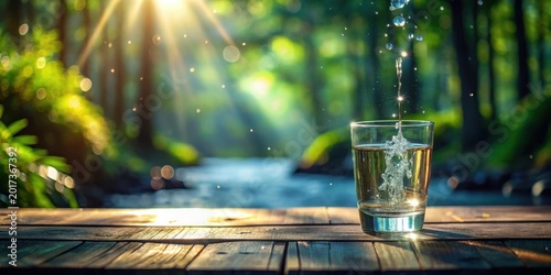 Refreshing Water Splash in a Glass on Wooden Surface near a Stream in a Sunny Forest