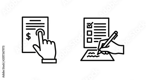 Manual count icon with hand on dollar price list and manual entry icon with hand writing document checklist operation business calculation information registration enrollment application