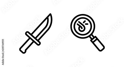 Blade weapon and magnifying glass inspection outline icons with inspection magnifying investigate security discovery research detective analysis precision forensic observation assessment