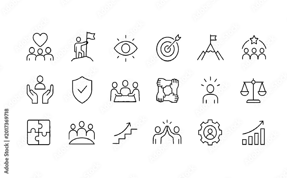 Fototapeta premium Business Leadership and Teamwork Line Icon Set. Strategy, Vision, Success and Collaboration Editable Stroke Vector Illustration