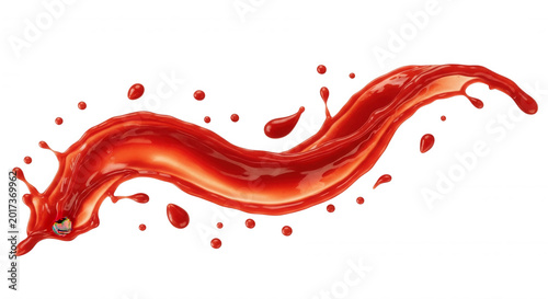 A dynamic, swirling splash of bright red liquid, resembling tomato sauce or ketchup, isolated on a solid black background, with scattered