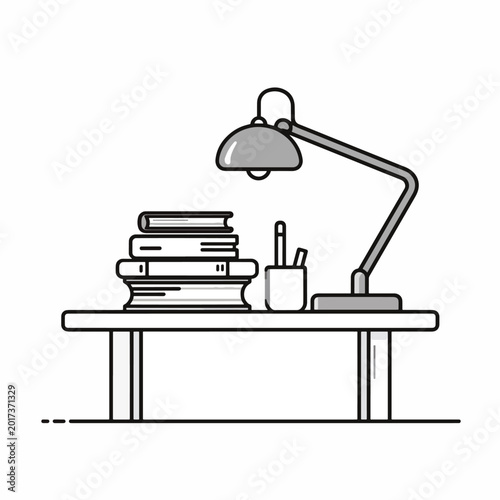 Desk lamp with stack of books.