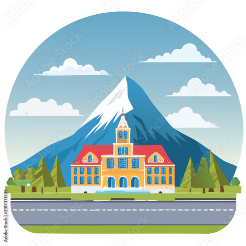 Colorful illustration of a building with mountain landscape scenery