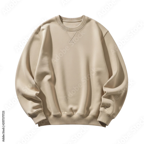 Beige cotton sweatshirt with crew neck and long sleeves for apparel design isolated on transparent background