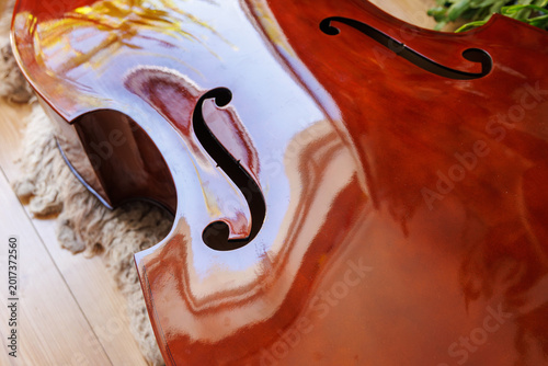 Bild auf Leinwand Closeup of a stringless double bass body under repair or in preparation