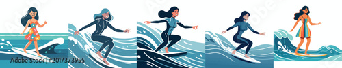 vector of a woman surfing the waves on the beach