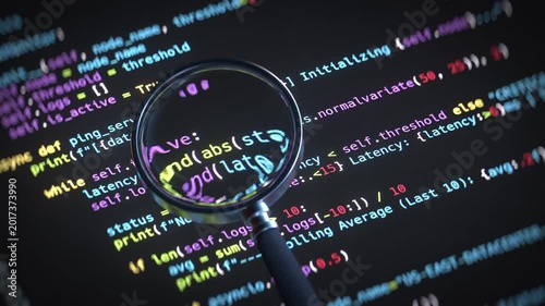 Close-up of a magnifying glass over colorful programming code, symbolizing debugging, code review, software development, and cybersecurity analysis. 3D render animation