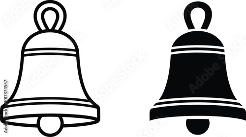 Quadro su tela Bell icon set featuring outline and solid black vector designs of traditional church bells for notification alert and decorative holiday symbols