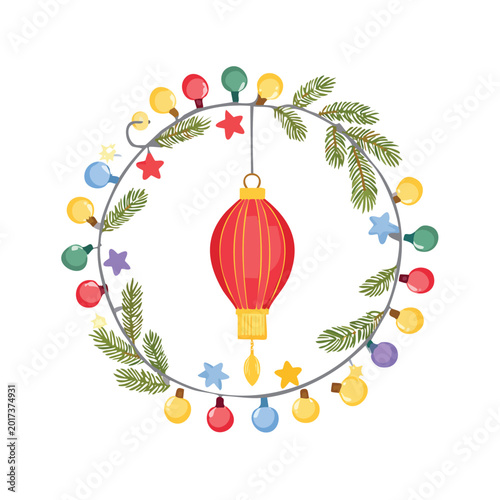Festive holiday decoration with garland lights and lantern on white background