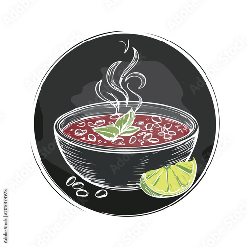 Freshly prepared soup in a black bowl with lime and mint illustration