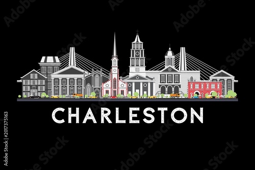 фотографія Modern Charleston, South Carolina, USA skyline illustration with iconic buildings, colorful urban architecture, and black background cityscape design