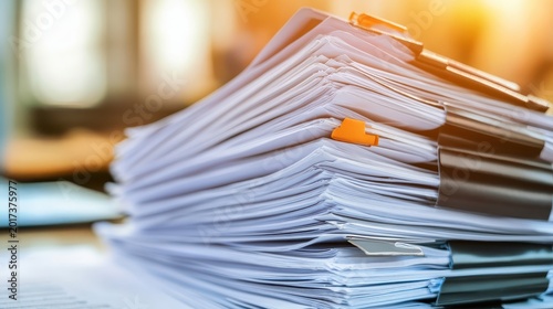 A substantial stack of financial and legal documents in an office setting, representing important business oversight and policy papers.