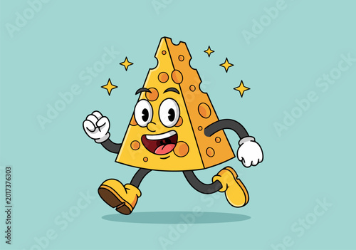 A cheerful cheese wedge character runs energetically in a vector illustration scene.