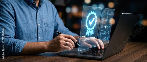 Digital certification process office setting digital content modern technology environment close-up view professional development and achievement