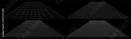 Vászonkép Minimal perspective grid floors on black background with thin white lines showin